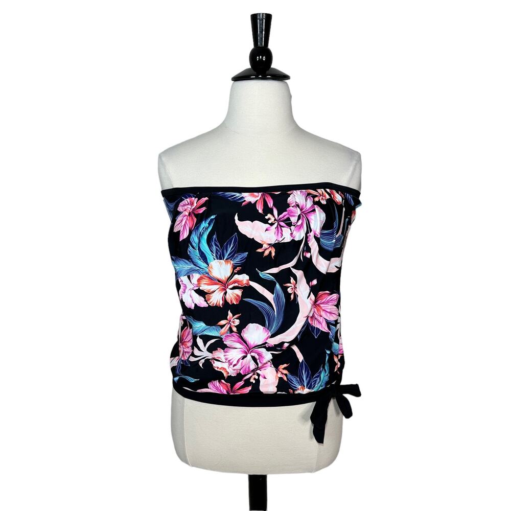 Island Escape Floral Flowy Tankini Loose Fitting Black Women 12 NWT Tie Waist
